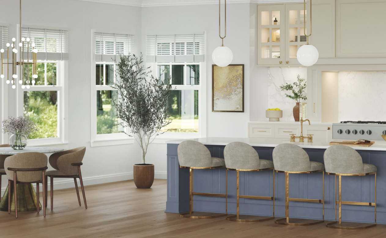 Designer kitchen with blinds on 3 windows in Loveland, CO